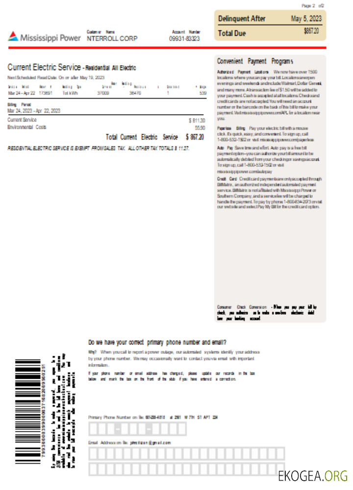 Facture commerciale du service public d'électricité du Mississippi, page 2, SCR